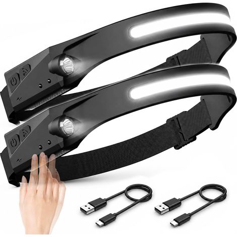 Lampes frontales Lot de 2 LED rechargeables USB-C, 350 lumens, détecteur de mouvement, 5 modes, étanches IPX4, pour running, camping, bricolage et randonnée (1/5)