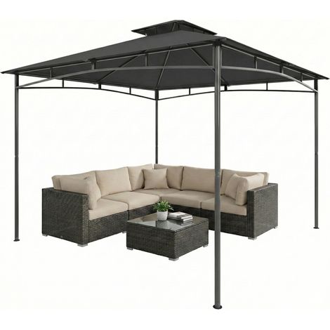 Pavillon 3x3m Wasserabweisend Stabil Winterfest Gartenpavillon mit zurückziehbar Obenrahmen Doppeldach Dunkelgrau
