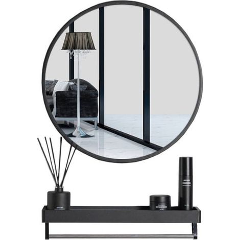 Specchio rotondo nero con mensola e portasciugamani 60cm (1/5)