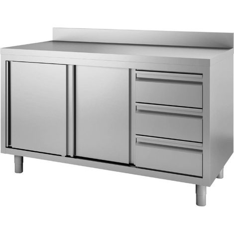 Table armoire inox avec dosseret 3 tiroirs à droite et portes coulissantes 850/ (T4TACTPR7120) - Gastro M