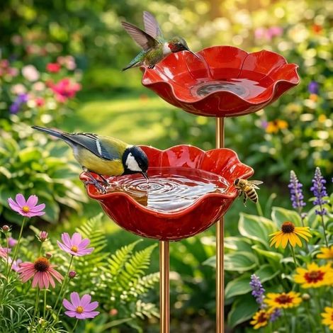 Lot de 2 Abreuvoir Oiseau - Piquet Métal - Forme Fleur - Bain Extérieur - Jardin Pelouse (1/5)