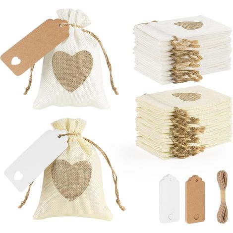 30 Sachets en Toile de Jute Motif de Coeur,10 x 14cm Pochettes Sachets Lin+30 Étiquette+10m Ficelle,Petit Pochette Bijoux avec Cordon pour Mariage Baptême Fête Noël Calendrier de l\'Avent(Beige,Blanc) (1/5)