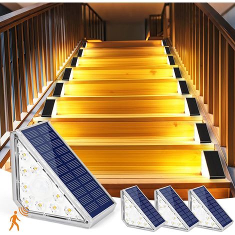 Lumière D'escalier Solaire, 300LM LED Eclairage Solaire Escalier Exterieur avec Detecteur, IP67 Imperméable Lampes Solaires Exterieur pour Escaliers Jardin Patio Garage Marche, 4pcs (1/5)