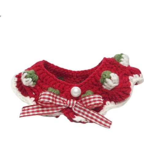 Collier pour chat doux et personnalisé, collier mignon tricoté à la main, bavoir tricoté ajustable pour animal de compagnie (blanc, fraise, fond rouge) A106-1264 (1/5)
