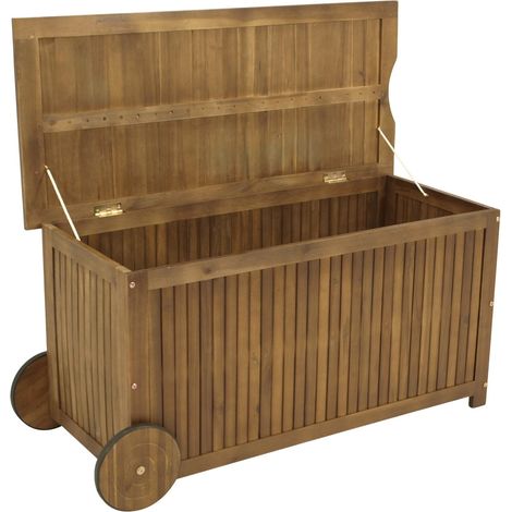 Coffre de rangement avec roulettes, en bois d'acacia marron huilé, pour extérieur (1/5)