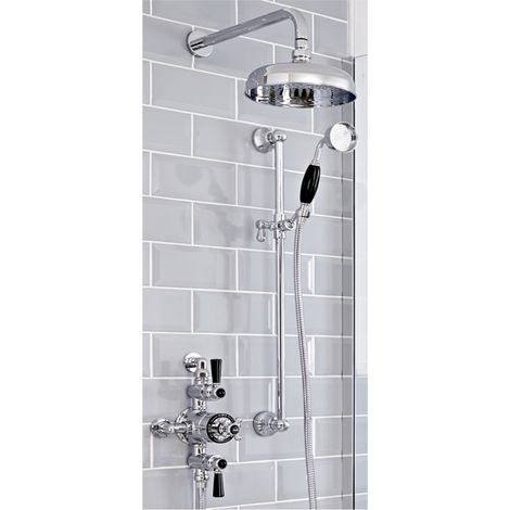 Milano Elizabeth 2 Outlet Exposed Triple Thermostatic Mixer Shower Valve with Round Rainfall Shower Head and Riser Rail Kit - Chrome & Black (1/5)
