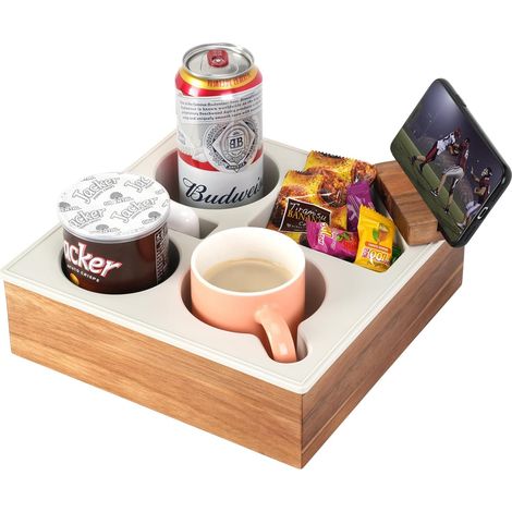 Support Pour Tasse De Canapé - En Bois D’Acacia Et Silicone Souple - Pour Canapé Lit Voiture Plage - 10x10x3 Pouces - 1 Pièce (1/5)