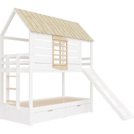 Hausbett 90x200 cm, Einzelbett mit Rutsche, 2 Schubladen und Schutzgitter, ohne Matratze, aus Holz, Weiß und Natur (1/4)
