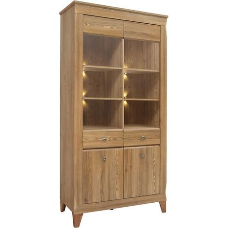 Vitrine à 4 portes avec éclairage LED, coloris Mélèze doré - Longueur 102 x Profondeur 47 x Hauteur 202 cm (1/5)