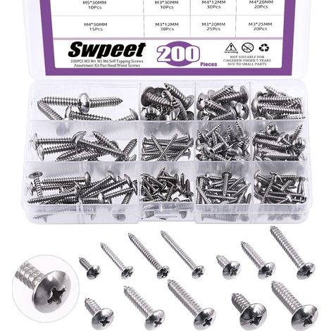 Assortiment de 200 vis autotaraudeuses à tête bombée cruciforme en acier inoxydable 304 681012 pour tôle, bois, plastique PVC (1/5)