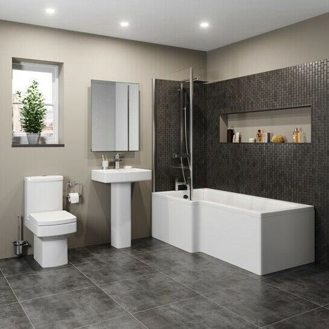 Modern Bathroom Suite 1600mm LH L Shaped Bath Screen Toilet Basin & Pedestal (1/5)