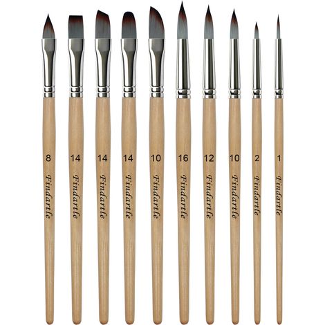 Pinceaux Aquarelle, 10 Pinceaux Acrylique pour Aquarelle, Acrylique, Huile, Gouache, Pinceau d'artiste Ronds, Plats, Filberts, Angulaires, Riggers, Daggers, Cat Tongues (Bois Naturel) (1/5)