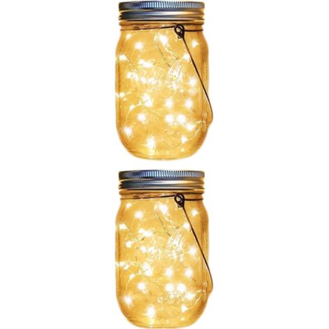 Lot de 2 lanternes solaires à suspendre en pot Mason - Guirlande lumineuse à 20 Mason Jar Decor - Pour terrasse, jardin, table de mariage - Lanterne solaire Bocal en verre décoratif Decor (1/5)