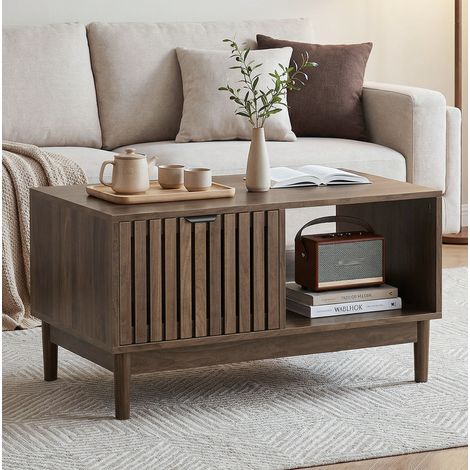 Table basse 80x50x45 cm noyer avec tiroir et rangements ouverts, MDF et pieds en bois MEUBLIV (1/5)