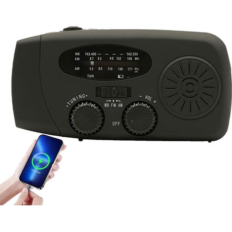 Radio meteorológica recargable con manivela – 2000 mAh, alimentada por energía solar, radio AM/FM con luz LED, para supervivencia en interiores y acampada, color negro. (1/5)