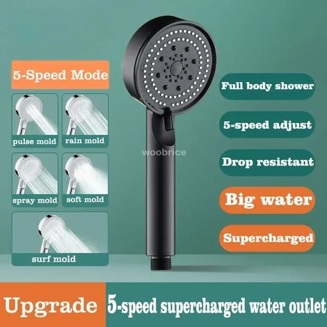 Pommeau de douche Turbo (noir) : jet puissant, haute pression, effet pluie, 5 modes, ensemble de pommeau de douche universel (1/5)