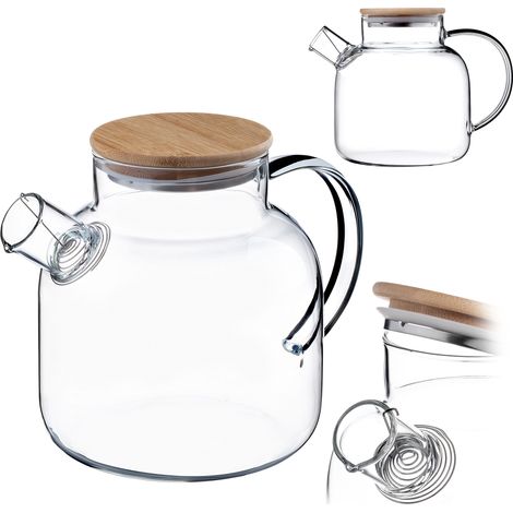 KADAX Glaskrug mit Bambus Deckel, Wasserkrug mit Griff & Auslauf & Sieb, Glaskanne, 1.5L (1/5)