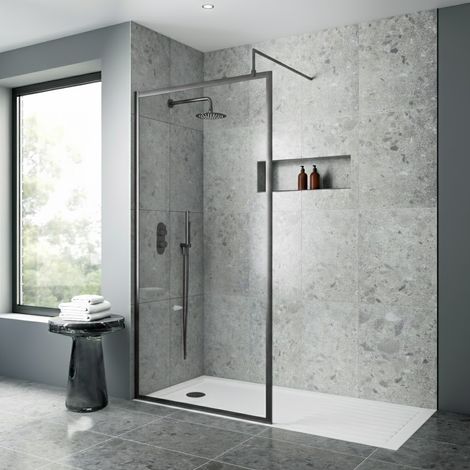 Nuie Full Outer Framed Wetroom Screen 760mm W x 1850mm H with Support Bar 8mm Glass - Brushed Pewter (1/3)