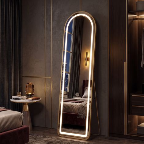 Miroir sur pied 150x40cm, Forme arche, Grand miroir mural pleine longueur avec LED 3 couleurs, Cadre en Aluminium, pour chambre et dressing, doré (1/5)