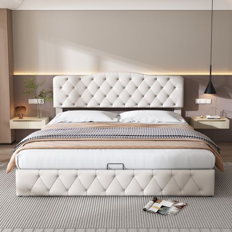 Letto contenitore Letto matrimoniale imbottito per adulti 180 x 200 cm con rete a doghe e testiera regolabile, similpelle, bianco (1/5)