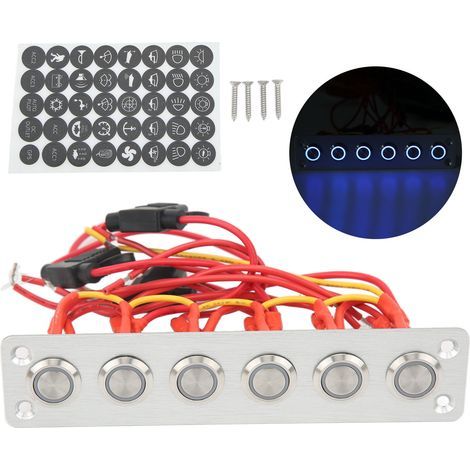 Panneau de Commutateur de Bateau Marin Aramox, Panneau de Commutateur à Bouton-poussoir 6 Gangs pré-câblé avec Lumières LED Bleues pour Système de Voiture RV Yacht 12V DC.