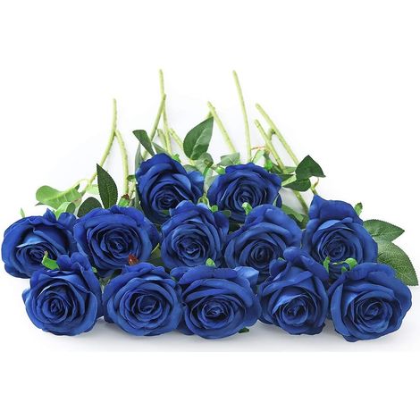 Lot de 10 roses artificielles en soie bleues pour la décoration intérieure