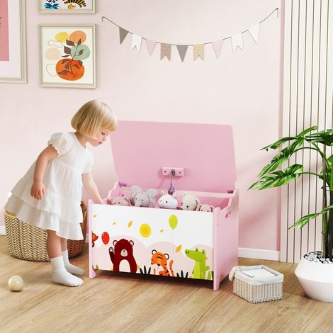 Boîte de rangement 60x37x39 cm rose pour jouets Malle pour enfants avec couvercle basculant poignées à motifs d’animaux