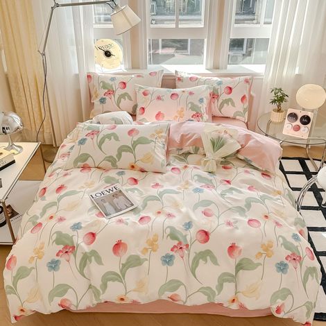 Parure de lit réversible en coton avec housse de couette 135 x 200 cm et 1 taie d'oreiller de 80 x 80 cm Motif floral romantique Pour fille et femme Blanc et rose (1/5)