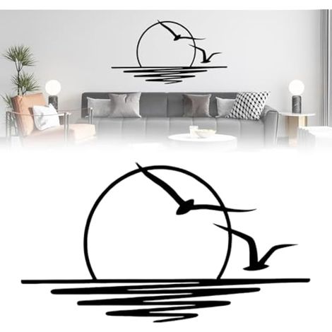Decoration Murale, Deco Murale en Métal Noir 100 x 50 cm, Belle Décoration Murale avec Motif de Mouettes et de Lever de Soleil, Decoration Murale Metal Minimaliste Pour Salon, Chambre, Bureau (1/5)