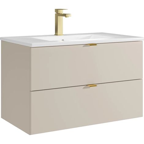 Vente-Unique – Meuble de salle de bain suspendu 80 cm avec vasque à encastrer – 2 tiroirs soft close – Panneau de particule – Beige – Éco-responsable (1/5)