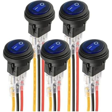 Blauer runder LED-Elektrolumineszenzschalter KCD1-8 wasserdichter Wippschalter 12V 20A Marine und verschiedene wasserdichte 3-polige Beleuchtungen mit Kabelsteuerung (5 Stück) (1/4)