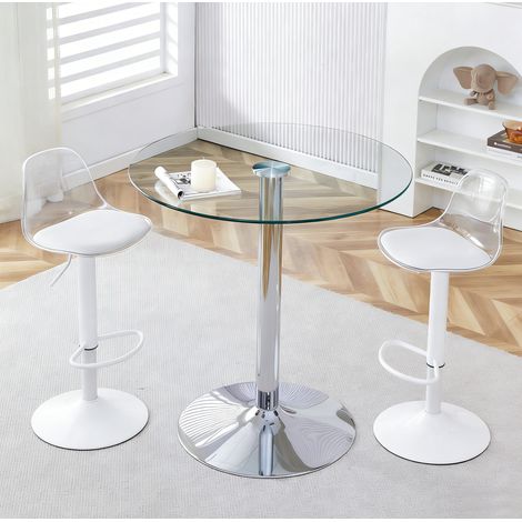 Lot de 2 tabourets de bar réglables et pivotants à 360° avec table ronde en verre transparent Ø 89 cm, piètement métal argenté, blanc et transparent FLORAGRACE (1/5)