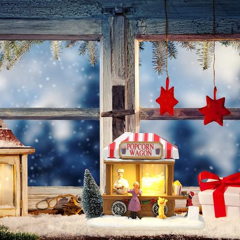 Décoration de Noël maison lumineuse neigeuse avec chariot à pop-corn, ornement de table (boîte 1 pièce), multicolore, 18x15x12.5 cm (1/5)
