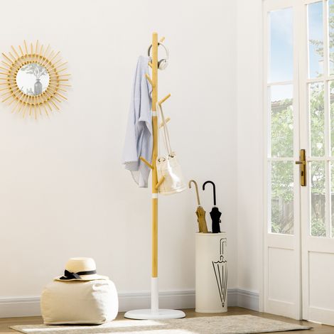 HOMCOM Moderne Garderobe mit 8 Haken für Kleidung und Taschen, baumförmige Garderobe für den Eingangsbereich, Ø 37,8 x 175,6 cm, Natur