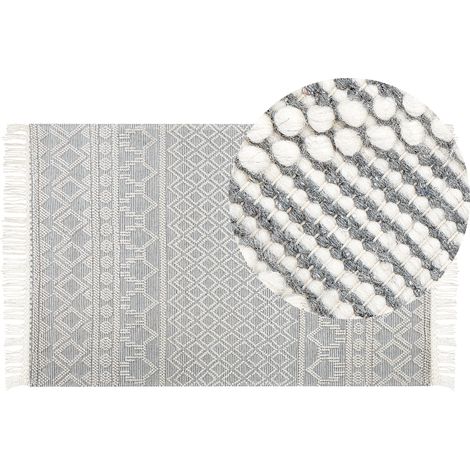 Alfombra de lana beige gris 160 x 230 cm a mano patrón geométrico borlas Solhan