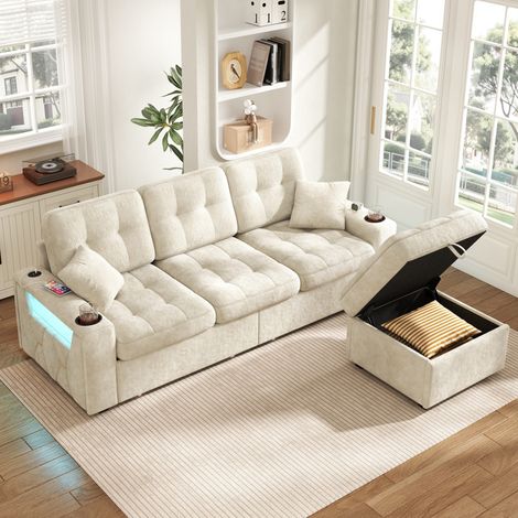 Canapé d’angle 3 places avec méridienne coffre de rangement LED et ports USB Type C en chenille beige 194,5x133x83 cm (1/5)