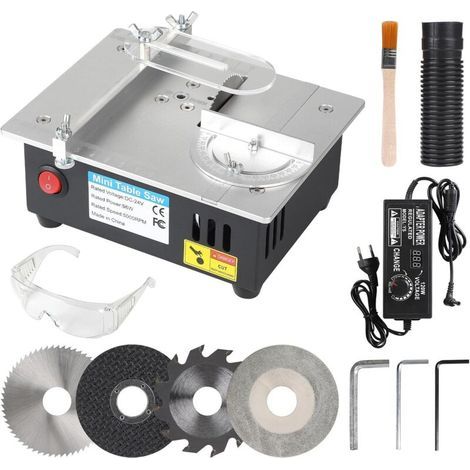 96W Mini Scie Circulaire de Table avec 4 Lames de Scie Circulaire Alimentation électrique Réglables à l'infini 0-10 mm de Coupe Réglable DIY, Découper de Petits Matériaux (1/5)