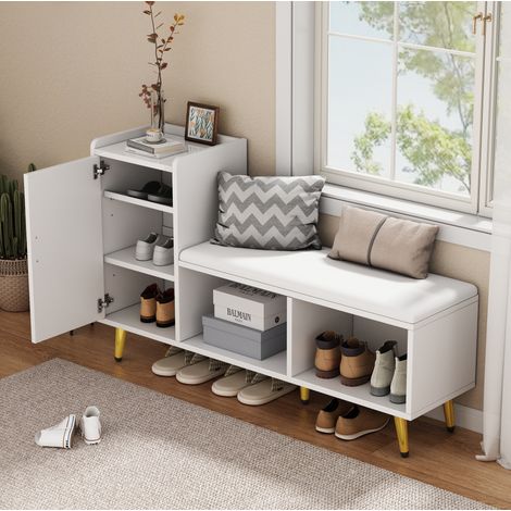 Banco zapatero blanco brillante con almacenamiento, asiento acolchado, estantes ajustables y tiradores dorados (1/5)
