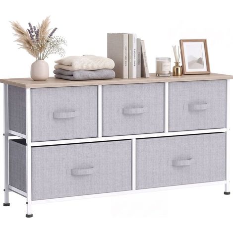 Commode à 5 tiroirs en tissu, meuble de chambre, structure en métal, 100 x 30 x 54 cm, grise (1/5)