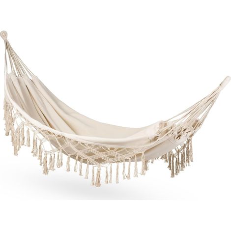 Hängematte 200 x 150 cm, bis 200 kg belastbar, Doppelhängematte für 1–2 Personen, aus Baumwolle im Boho-Stil, ideal für Garten, Balkon oder Terrasse. Atmungsaktive Hängematte für Erwachsene, beige.