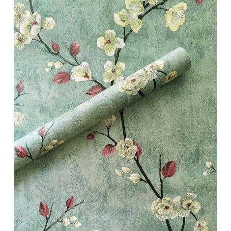 Papier peint autocollant floral rétro (vert, 45 cm x 10 m), décoration de chambre, stickers muraux pour la rénovation de meubles (1/5)