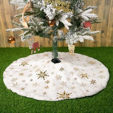 120 cm große Weihnachtsbaumdecke, weißer Hintergrund, goldene Schneeflocke, zur Dekoration und Abdeckung von Weihnachtsbäumen (1/4)