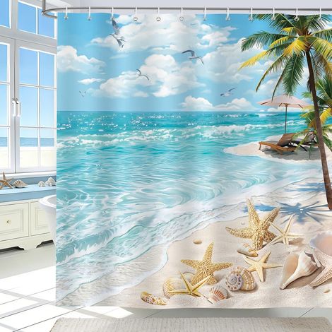 Rideau de Douche Été Plage Coquillage Étoile de mer Palm 180x200 (1/5)