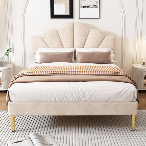 Lit capitonné 140x190 cm, velours beige, tête de lit réglable, sommier à lattes bois, pieds en métal doré (1/5)