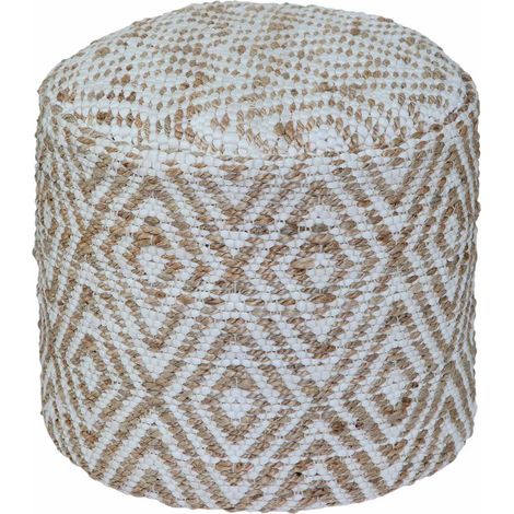 HOMESCAPES Pouf Sierra 40x45 cm – runder Hocker mit Ethno-Muster, weiß-natur