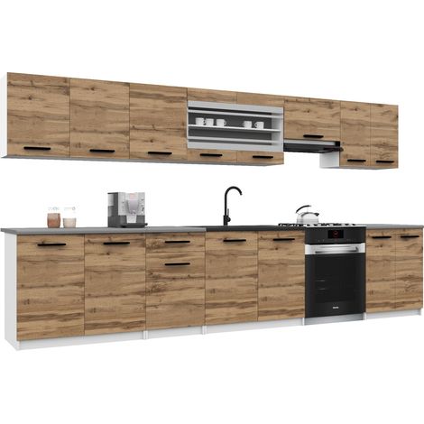 Belini ITALIA 3 Cuisine Equipée Modulaire Complète - 320 cm. Meubles Hauts Bas avec Plan de Travail, Brun Doré