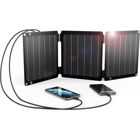 Cargador solar portátil de 21 W con USB-A y USB-C, panel solar plegable e impermeable para camping y energía de emergencia. (1/5)