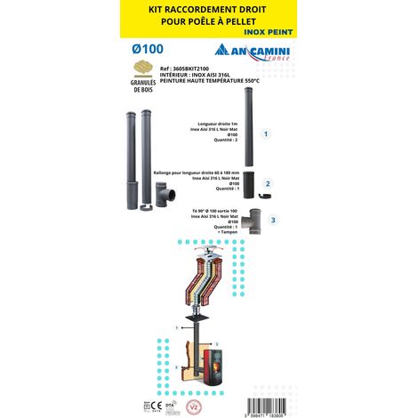 AN CAMINI Kit de raccordement droit pour poêle à pellets – inox AISI 316L noir – Ø100 – avec longueurs droites, rallonge ajustable, té 90° avec tampon