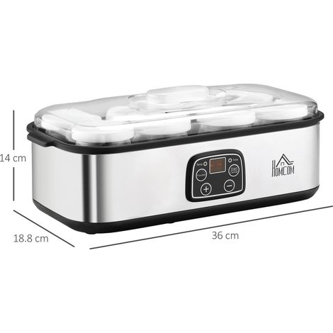 Yaourtière électrique 25 W, 8 récipients inclus, minuterie 1 à 48 h, contrôle de la température (20-50 °C), 36 x 18,8 x 14 cm, argent (1/5)
