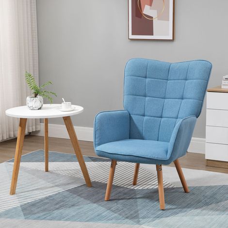 Sillón Individual con Respaldo Alto Reposabrazos Tela de Lino y Patas de Madera para Comedor Cocina 71x76x101cm Azul (1/5)